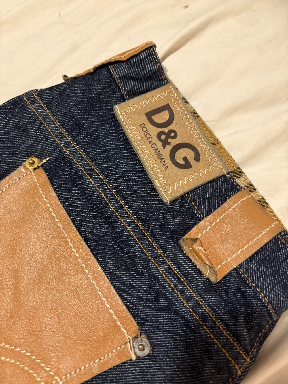Dolce & Gabbana Men's Dark Blue Denim Jeans with Brown Leather Trim - Picture 2 of 7